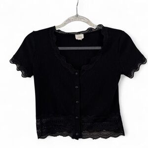 Caution to the Wind Black Ribbed Lace Trim Top